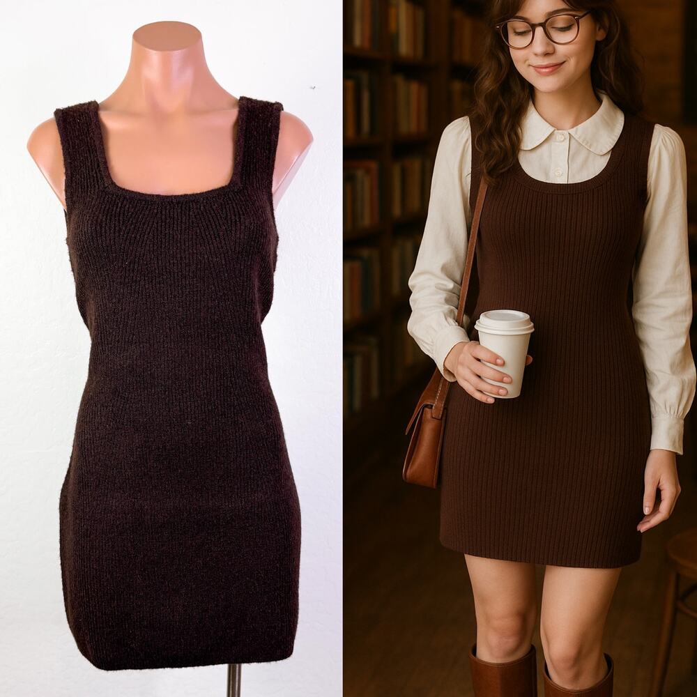 Gianni Bini Matilda Ribbed Wool Knit Jumper Dress L Chocolate Brown Academia NWT